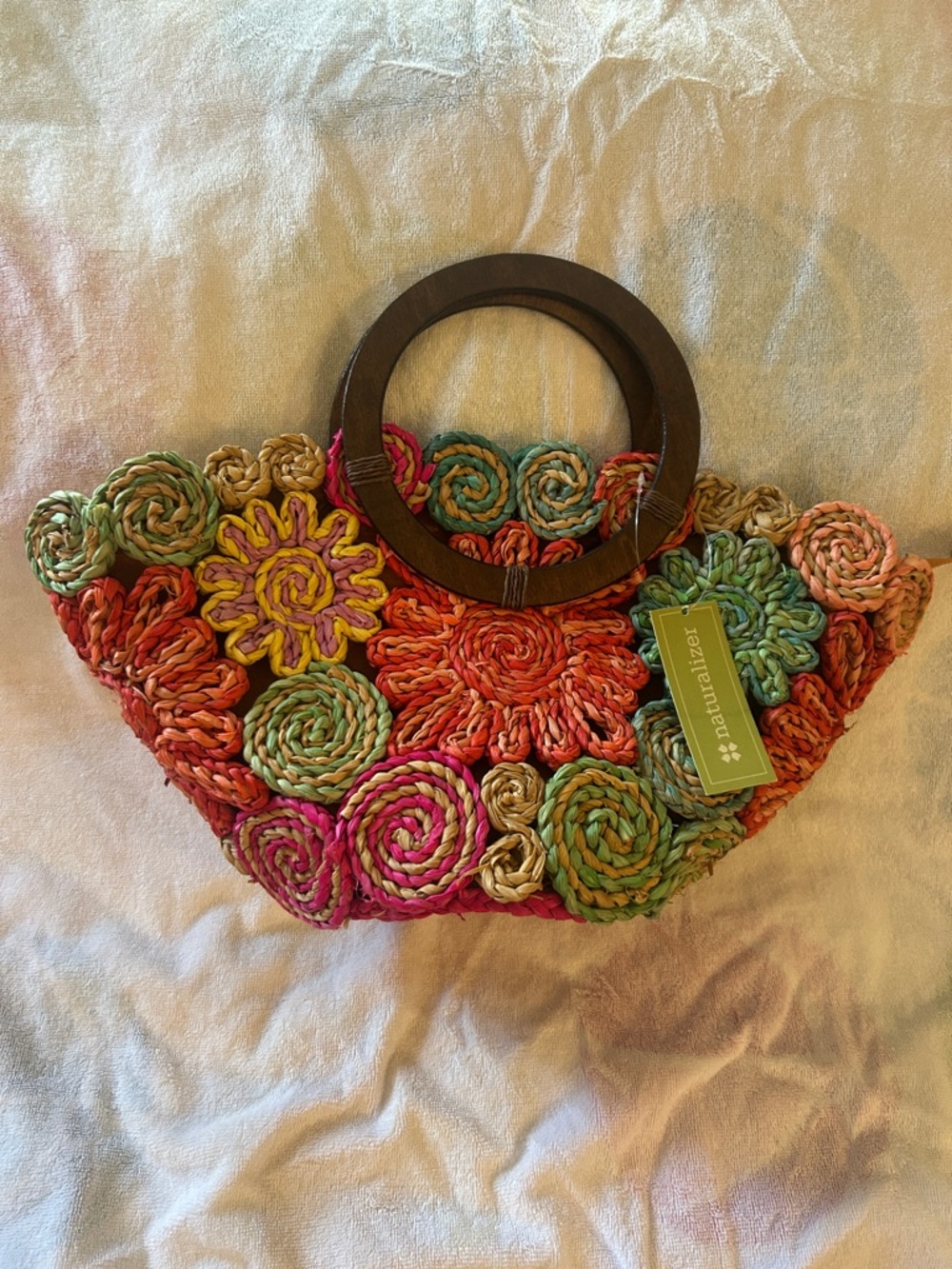 Naturalizer Multicolor Floral Raffia Tote with Dark Wood Handles